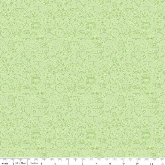 Image of the Bundle of Joy Tone-on-Tone Green quilting cotton fabric by Doodlebug Design Inc for Riley Blake Designs. Features pink outlined bunnies, clouds, toys, bears flowers, and more on a light green background. 
Cute Little Fabric Shop
