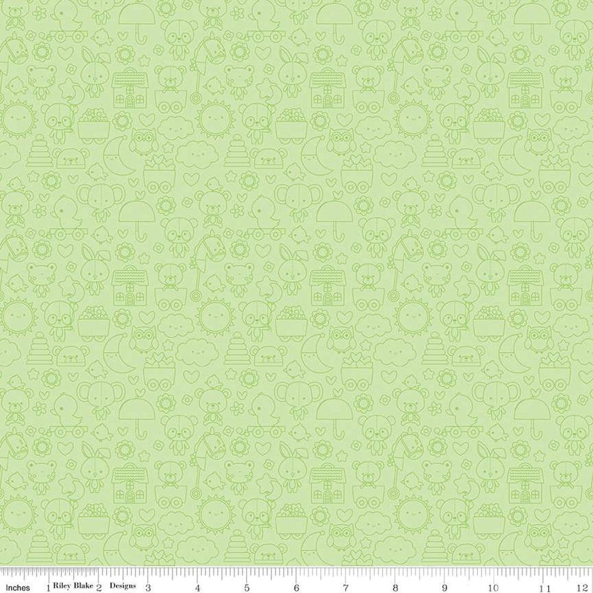 Image of the Bundle of Joy Tone-on-Tone Green quilting cotton fabric by Doodlebug Design Inc for Riley Blake Designs. Features pink outlined bunnies, clouds, toys, bears flowers, and more on a light green background. 
Cute Little Fabric Shop