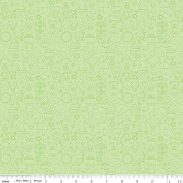 Image of the Bundle of Joy Tone-on-Tone Green quilting cotton fabric by Doodlebug Design Inc for Riley Blake Designs. Features pink outlined bunnies, clouds, toys, bears flowers, and more on a light green background. 
Cute Little Fabric Shop