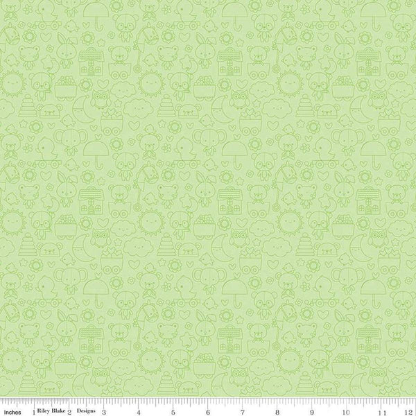 Image of the Bundle of Joy Tone-on-Tone Green quilting cotton fabric by Doodlebug Design Inc for Riley Blake Designs. Features pink outlined bunnies, clouds, toys, bears flowers, and more on a light green background. 
Cute Little Fabric Shop