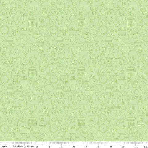 Image of the Bundle of Joy Tone-on-Tone Green quilting cotton fabric by Doodlebug Design Inc for Riley Blake Designs. Features pink outlined bunnies, clouds, toys, bears flowers, and more on a light green background. 
Cute Little Fabric Shop
