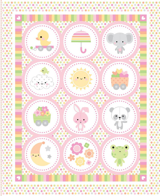 Image of the Bundle of Joy Panel quilting cotton fabric by Doodlebug Design Inc for Riley Blake Designs. Features a patchwork of circles filled with baby-themed icons with multiple outside borders.
Cute Little Fabric Shop