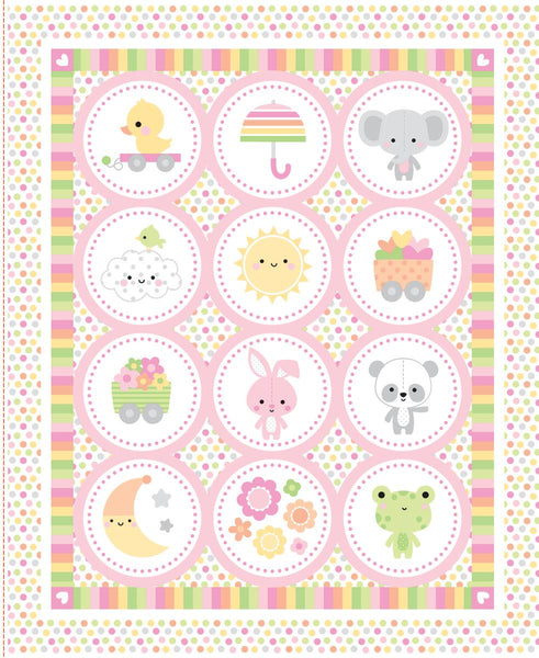 Image of the Bundle of Joy Panel quilting cotton fabric by Doodlebug Design Inc for Riley Blake Designs. Features a patchwork of circles filled with baby-themed icons with multiple outside borders.
Cute Little Fabric Shop