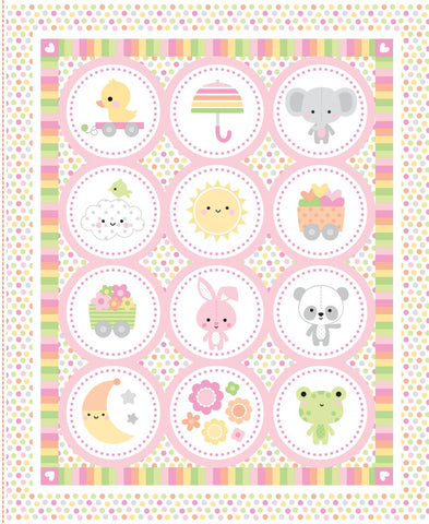 Image of the Bundle of Joy Panel quilting cotton fabric by Doodlebug Design Inc for Riley Blake Designs. Features a patchwork of circles filled with baby-themed icons with multiple outside borders.
Cute Little Fabric Shop