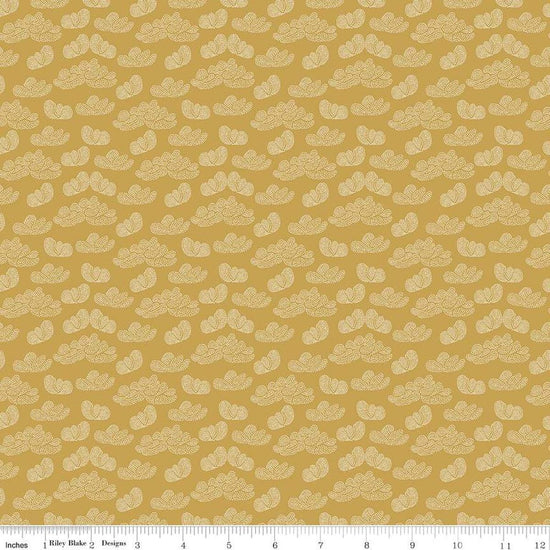 Image of the Garden Dreams Clouds Gold quilting cotton fabric by Amber Elliot for Riley Blake Designs. Features pixelated clouds on a dark yellow gold background. 
Cute Little Fabric Shop