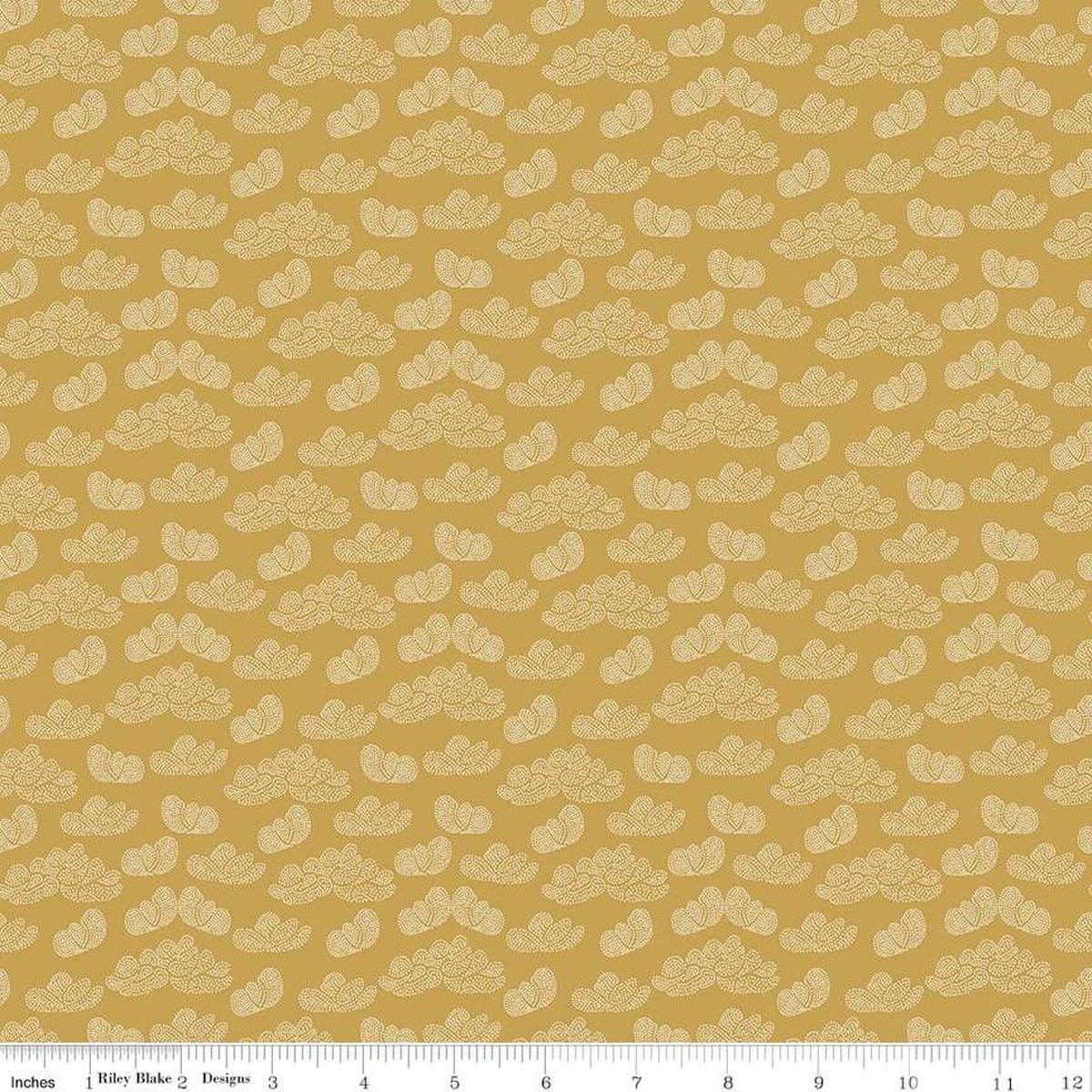 Image of the Garden Dreams Clouds Gold quilting cotton fabric by Amber Elliot for Riley Blake Designs. Features pixelated clouds on a dark yellow gold background. 
Cute Little Fabric Shop