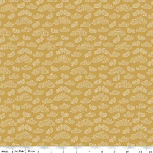Image of the Garden Dreams Clouds Gold quilting cotton fabric by Amber Elliot for Riley Blake Designs. Features pixelated clouds on a dark yellow gold background. 
Cute Little Fabric Shop