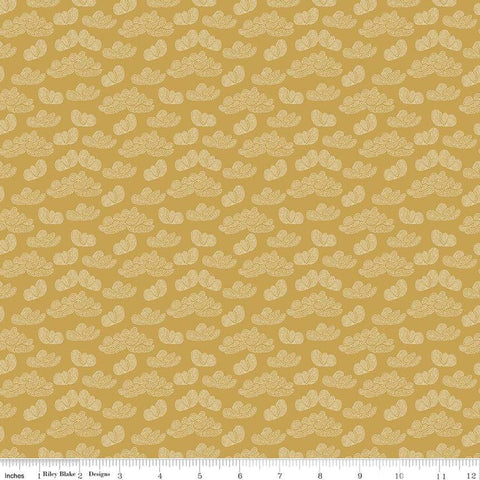 Image of the Garden Dreams Clouds Gold quilting cotton fabric by Amber Elliot for Riley Blake Designs. Features pixelated clouds on a dark yellow gold background. 
Cute Little Fabric Shop