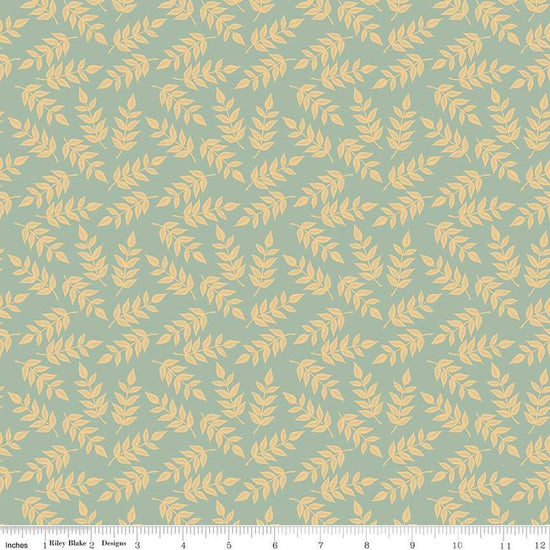 Image of the Garden Dreams Leaves Yellow quilting cotton fabric by Amber Elliot for Riley Blake Designs. Features leaves on a light blue background. 
Cute Little Fabric Shop