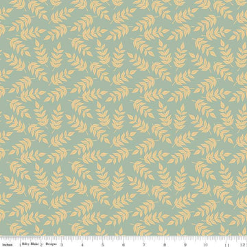 Image of the Garden Dreams Leaves Yellow quilting cotton fabric by Amber Elliot for Riley Blake Designs. Features leaves on a light blue background. 
Cute Little Fabric Shop