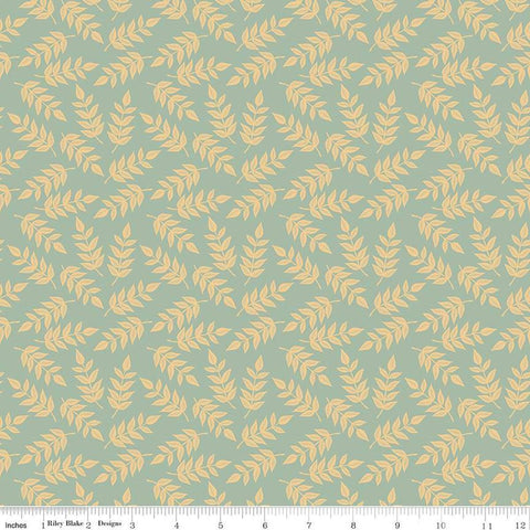 Image of the Garden Dreams Leaves Yellow quilting cotton fabric by Amber Elliot for Riley Blake Designs. Features leaves on a light blue background. 
Cute Little Fabric Shop