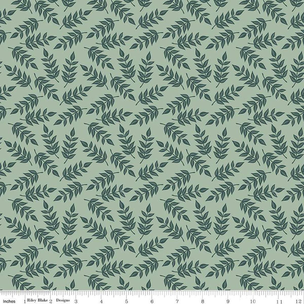 Image of the Garden Dreams Leaves Sage quilting cotton fabric by Amber Elliot for Riley Blake Designs. Features leaves on a light green background. 
Cute Little Fabric Shop