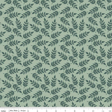Image of the Garden Dreams Leaves Sage quilting cotton fabric by Amber Elliot for Riley Blake Designs. Features leaves on a light green background. 
Cute Little Fabric Shop