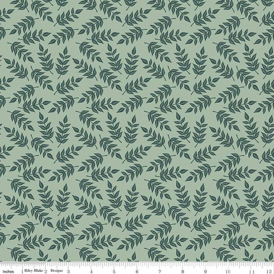 Image of the Garden Dreams Leaves Sage quilting cotton fabric by Amber Elliot for Riley Blake Designs. Features leaves on a light green background. 
Cute Little Fabric Shop
