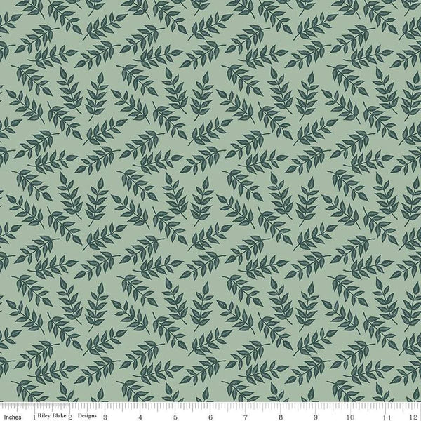 Image of the Garden Dreams Leaves Sage quilting cotton fabric by Amber Elliot for Riley Blake Designs. Features leaves on a light green background. 
Cute Little Fabric Shop