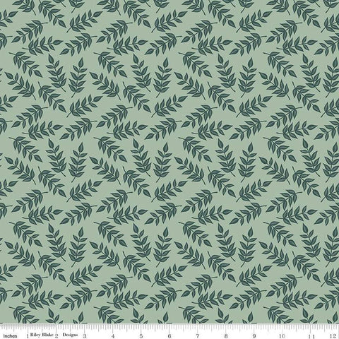 Image of the Garden Dreams Leaves Sage quilting cotton fabric by Amber Elliot for Riley Blake Designs. Features leaves on a light green background. 
Cute Little Fabric Shop