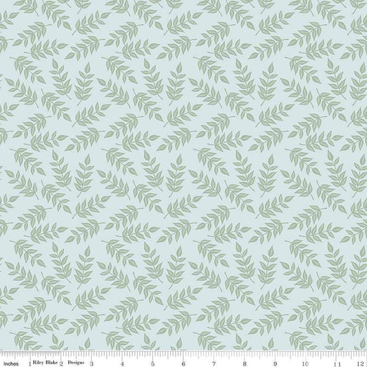 Image of the Garden Dreams Leaves Mist quilting cotton fabric by Amber Elliot for Riley Blake Designs. Features leaves on a light blue background. 
Cute Little Fabric Shop