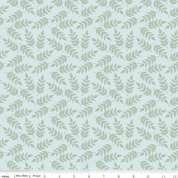 Image of the Garden Dreams Leaves Mist quilting cotton fabric by Amber Elliot for Riley Blake Designs. Features leaves on a light blue background. 
Cute Little Fabric Shop
