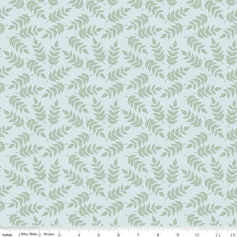 Image of the Garden Dreams Leaves Mist quilting cotton fabric by Amber Elliot for Riley Blake Designs. Features leaves on a light blue background. 
Cute Little Fabric Shop