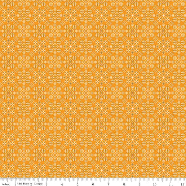 Image of the Cheddar at Twilight Medallion Cheddar quilting cotton fabric by Riley Blake Designs. Features geometric medallion pattern on a bright orange background. 
Cute Little Fabric Shop