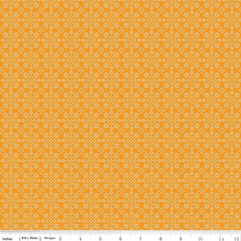 Image of the Cheddar at Twilight Medallion Cheddar quilting cotton fabric by Riley Blake Designs. Features geometric medallion pattern on a bright orange background. 
Cute Little Fabric Shop