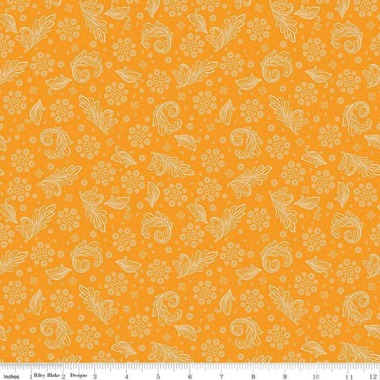 Image of the Cheddar at Twilight Scarf Cheddar quilting cotton fabric by Riley Blake Designs. Features geometric paisley patterns on a bright orange background. 
Cute Little Fabric Shop