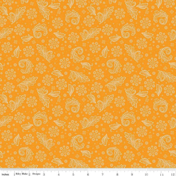 Image of the Cheddar at Twilight Scarf Cheddar quilting cotton fabric by Riley Blake Designs. Features geometric paisley patterns on a bright orange background. 
Cute Little Fabric Shop