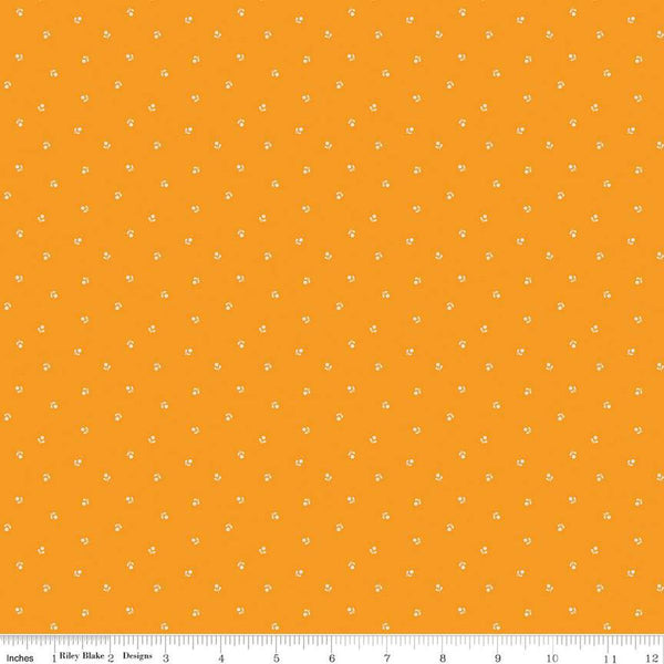 Image of the Cheddar at Twilight Flower Dots Cheddar quilting cotton fabric by Riley Blake Designs. Features small scattered flowers on a bright orange background. 
Cute Little Fabric Shop