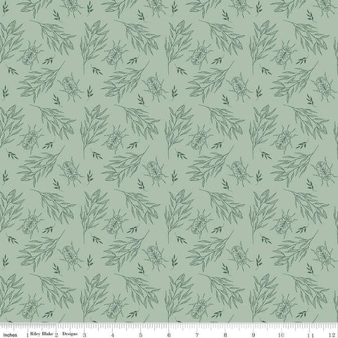 Image of the Garden Dreams Beetle Sage quilting cotton fabric by Amber Elliot for Riley Blake Designs. Features leaves and beetles on a light green background. 
Cute Little Fabric Shop