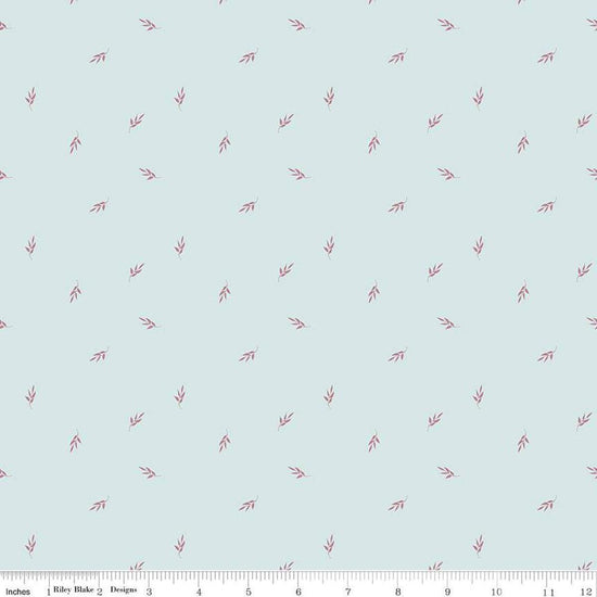 Image of the Garden Dreams Leaf Toss Mist quilting cotton fabric by Amber Elliot for Riley Blake Designs. Features leaves scattered on a light blue background. 
Cute Little Fabric Shop