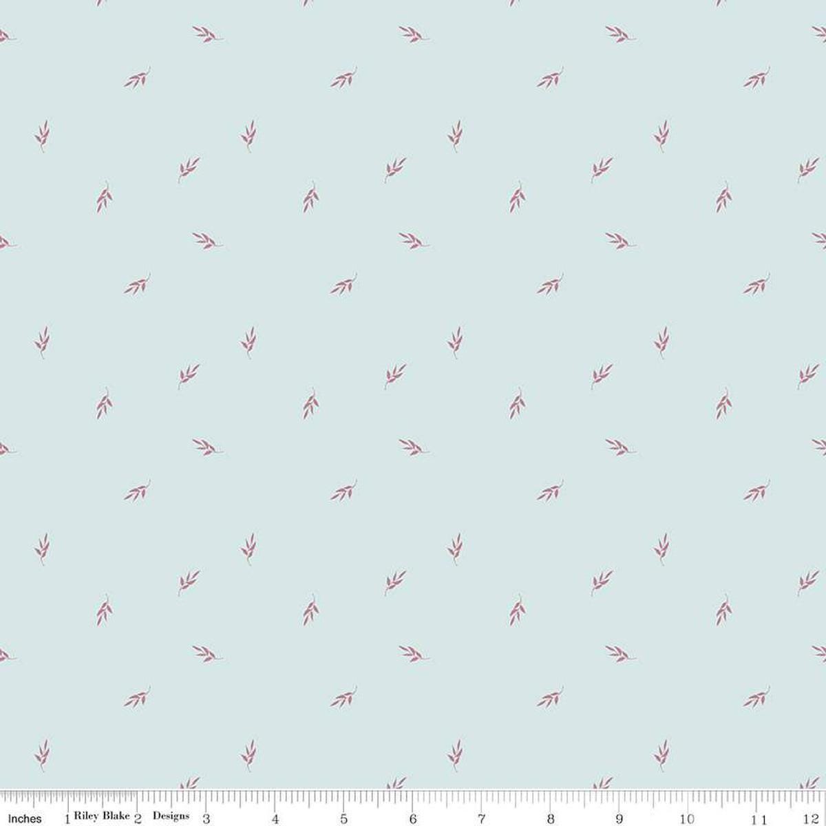 Image of the Garden Dreams Leaf Toss Mist quilting cotton fabric by Amber Elliot for Riley Blake Designs. Features leaves scattered on a light blue background. 
Cute Little Fabric Shop