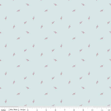 Image of the Garden Dreams Leaf Toss Mist quilting cotton fabric by Amber Elliot for Riley Blake Designs. Features leaves scattered on a light blue background. 
Cute Little Fabric Shop