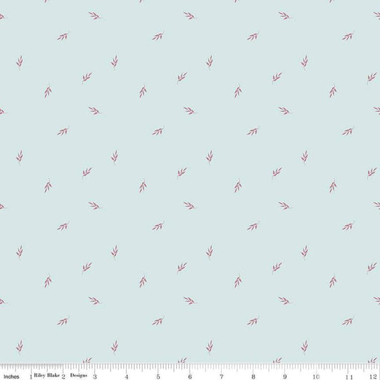 Image of the Garden Dreams Leaf Toss Mist quilting cotton fabric by Amber Elliot for Riley Blake Designs. Features leaves scattered on a light blue background. 
Cute Little Fabric Shop