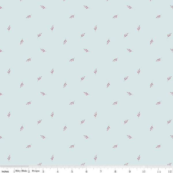 Image of the Garden Dreams Leaf Toss Mist quilting cotton fabric by Amber Elliot for Riley Blake Designs. Features leaves scattered on a light blue background. 
Cute Little Fabric Shop