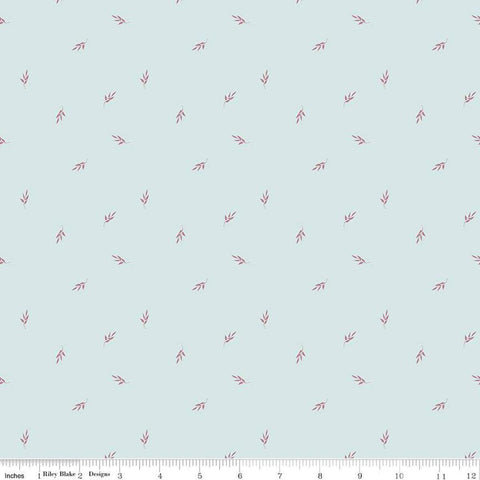 Image of the Garden Dreams Leaf Toss Mist quilting cotton fabric by Amber Elliot for Riley Blake Designs. Features leaves scattered on a light blue background. 
Cute Little Fabric Shop