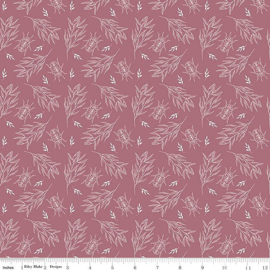 Image of the Garden Dreams Beetle Dusty Rose quilting cotton fabric by Amber Elliot for Riley Blake Designs. Features leaves and beetles on a muted pink background. 
Cute Little Fabric Shop