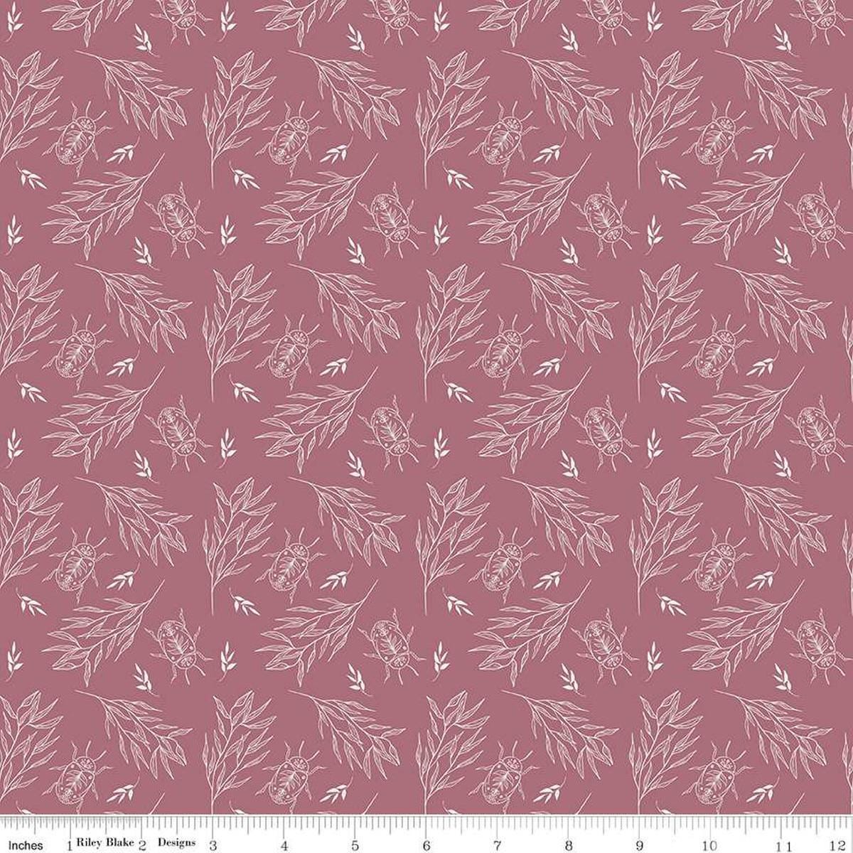 Image of the Garden Dreams Beetle Dusty Rose quilting cotton fabric by Amber Elliot for Riley Blake Designs. Features leaves and beetles on a muted pink background. 
Cute Little Fabric Shop