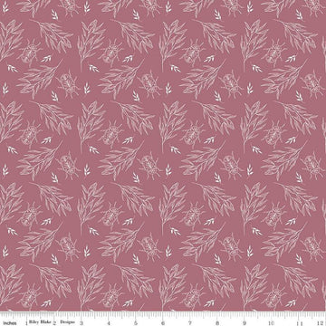 Image of the Garden Dreams Beetle Dusty Rose quilting cotton fabric by Amber Elliot for Riley Blake Designs. Features leaves and beetles on a muted pink background. 
Cute Little Fabric Shop