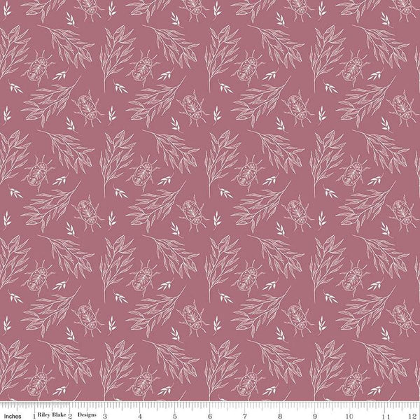 Image of the Garden Dreams Beetle Dusty Rose quilting cotton fabric by Amber Elliot for Riley Blake Designs. Features leaves and beetles on a muted pink background. 
Cute Little Fabric Shop