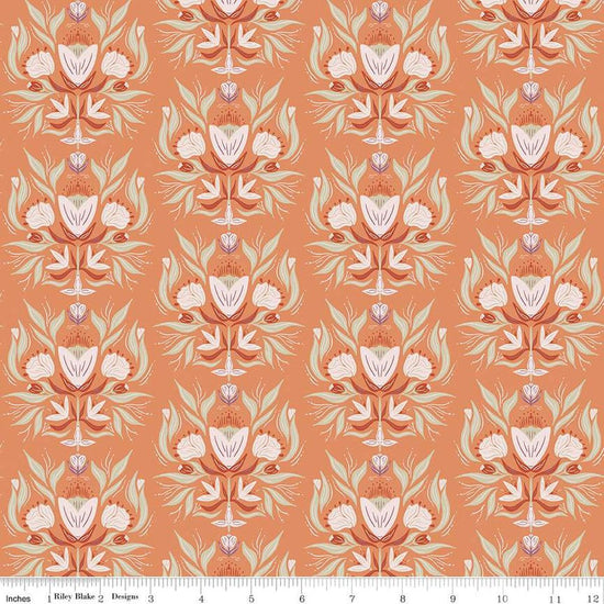 Image of the Garden Dreams Floral Damask Terracotta quilting cotton fabric by Amber Elliot for Riley Blake Designs. Features damask flowers on a light orange background. 
Cute Little Fabric Shop