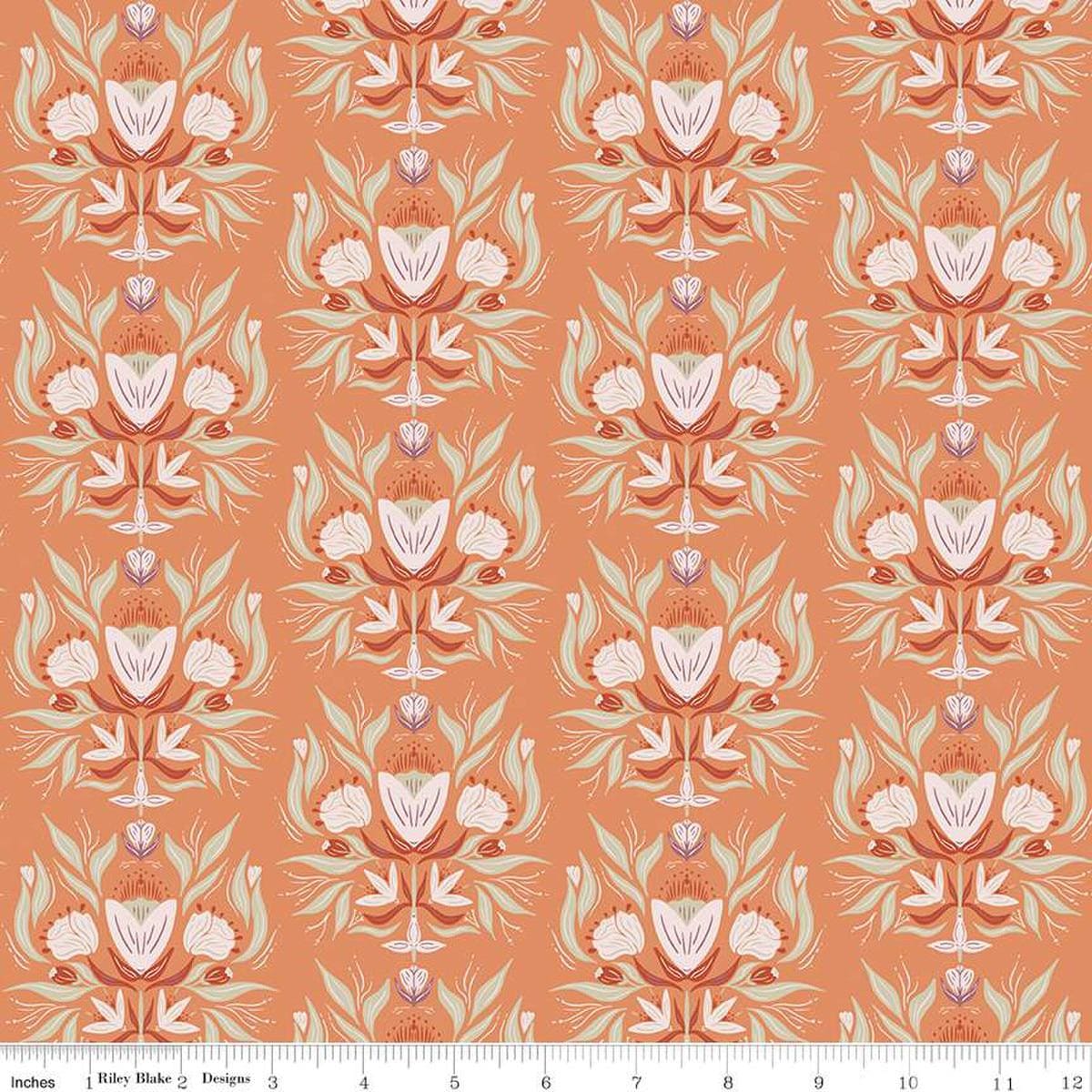 Image of the Garden Dreams Floral Damask Terracotta quilting cotton fabric by Amber Elliot for Riley Blake Designs. Features damask flowers on a light orange background. 
Cute Little Fabric Shop