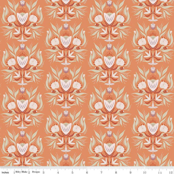 Image of the Garden Dreams Floral Damask Terracotta quilting cotton fabric by Amber Elliot for Riley Blake Designs. Features damask flowers on a light orange background. 
Cute Little Fabric Shop