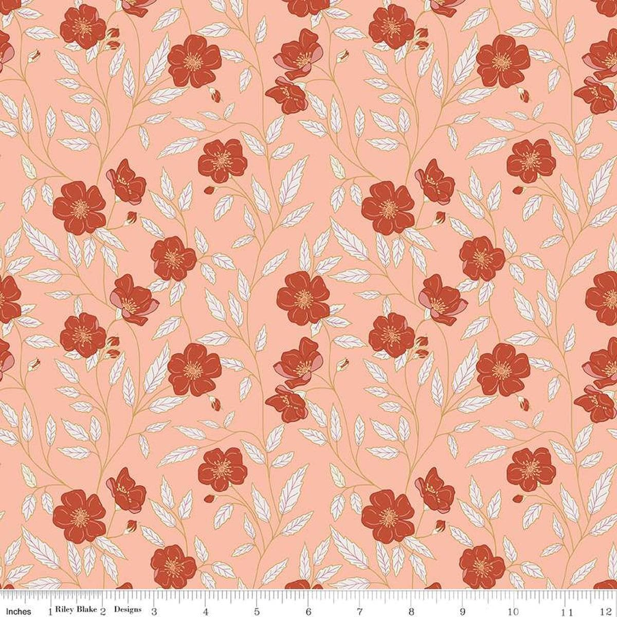 Image of the Garden Dreams Main Peaches 'n Cream quilting cotton fabric by Amber Elliot for Riley Blake Designs. Features flowers and vines on a light orange coral background. 
Cute Little Fabric Shop