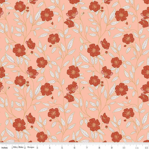 Image of the Garden Dreams Main Peaches &#39;n Cream quilting cotton fabric by Amber Elliot for Riley Blake Designs. Features flowers and vines on a light orange coral background. 
Cute Little Fabric Shop