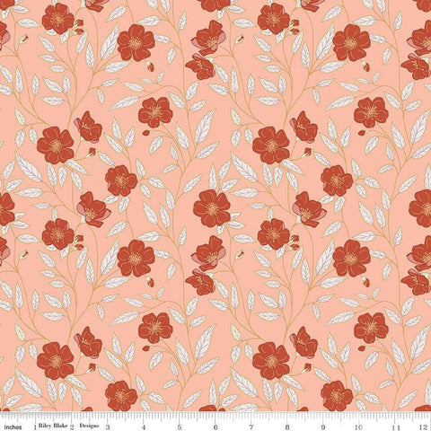 Image of the Garden Dreams Main Peaches &#39;n Cream quilting cotton fabric by Amber Elliot for Riley Blake Designs. Features flowers and vines on a light orange coral background. 
Cute Little Fabric Shop