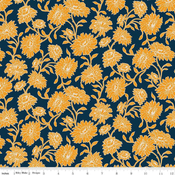 Image of the Cheddar at Twilight Main Navy quilting cotton fabric by Riley Blake Designs. Features large flowers and leaves on a dark blue background. 
Cute Little Fabric Shop