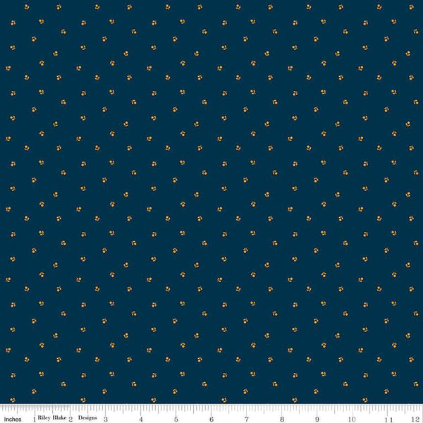 Image of the Cheddar at Twilight Flower Dots Navy quilting cotton fabric by Riley Blake Designs. Features small scattered flowers on a dark blue background. 
Cute Little Fabric Shop