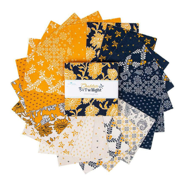 Image of the Cheddar at Twilight 5 inch stacker by The RBD Designers for Riley Blake Designs. Features floral fabrics and geometric patterns on orange, blue, and cream fabrics.
Cute Little Fabric Shop