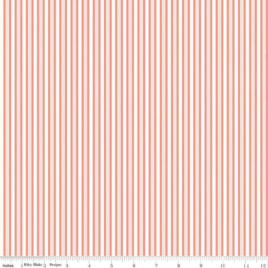 Image of the Melody Stripes Salmon quilting cotton fabric by Beverly McCullough for Riley Blake Designs. Features multicolored stripes on a light pink background. 
Cute Little Fabric Shop