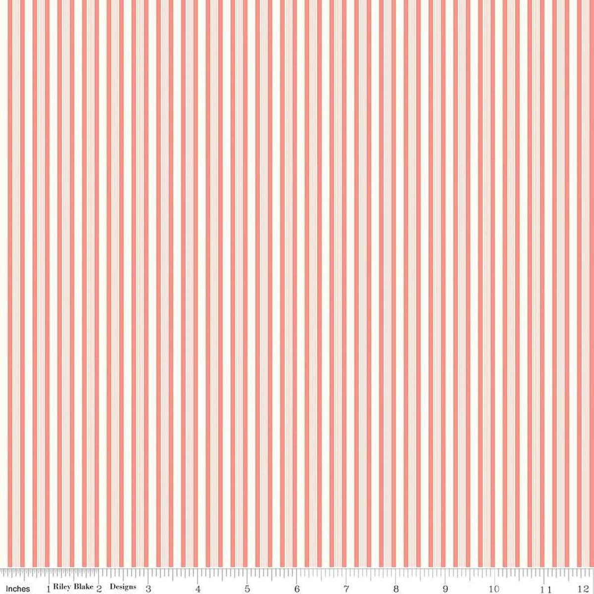 Image of the Melody Stripes Salmon quilting cotton fabric by Beverly McCullough for Riley Blake Designs. Features multicolored stripes on a light pink background. 
Cute Little Fabric Shop